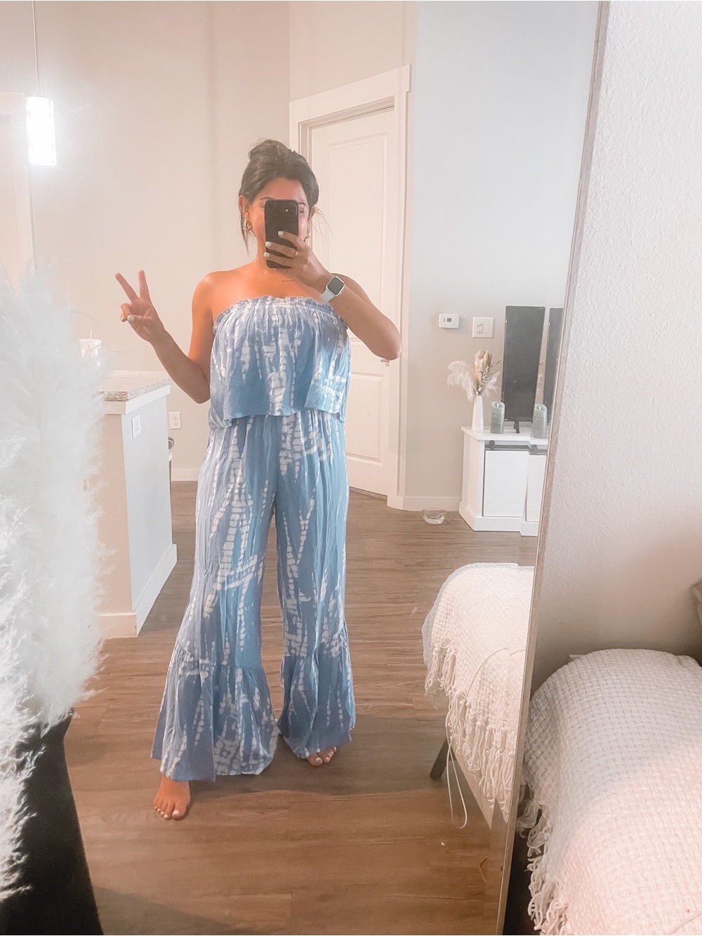 Strapless Blue Tie-Dye Wide-Leg Jumpsuit